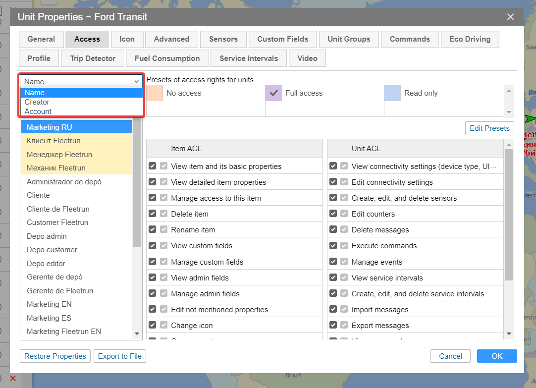 Recherche dans l'onglet “Accès”