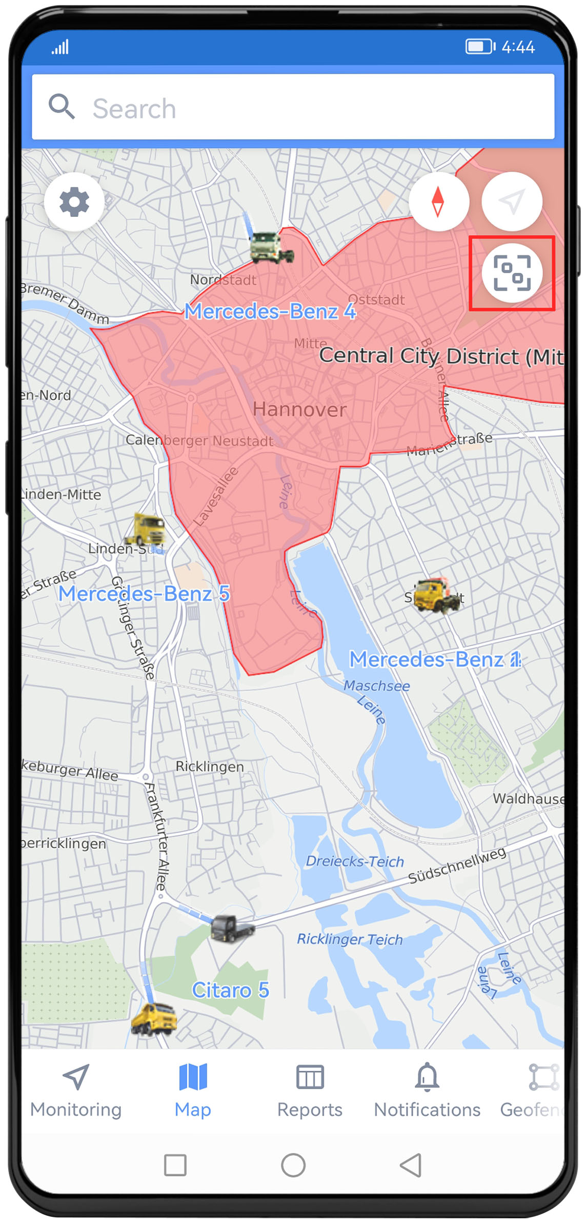 Carte mise à jour avec un bouton de recentrage sur tous les objets