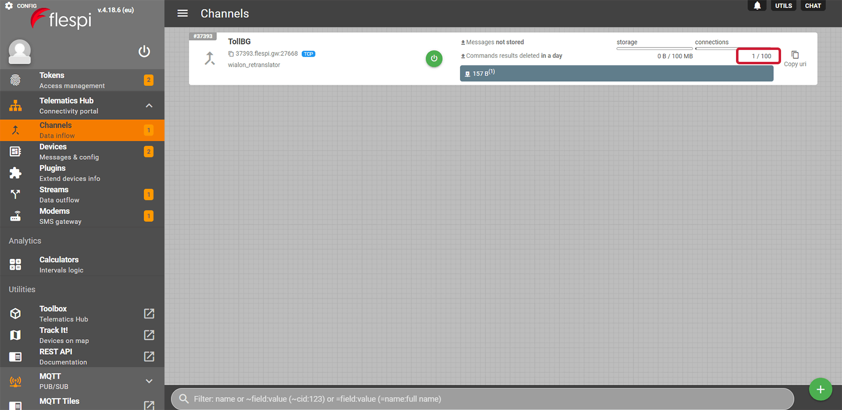 Click on the flespi channel and go to the Toolbox tab to make sure the data is coming to flespi