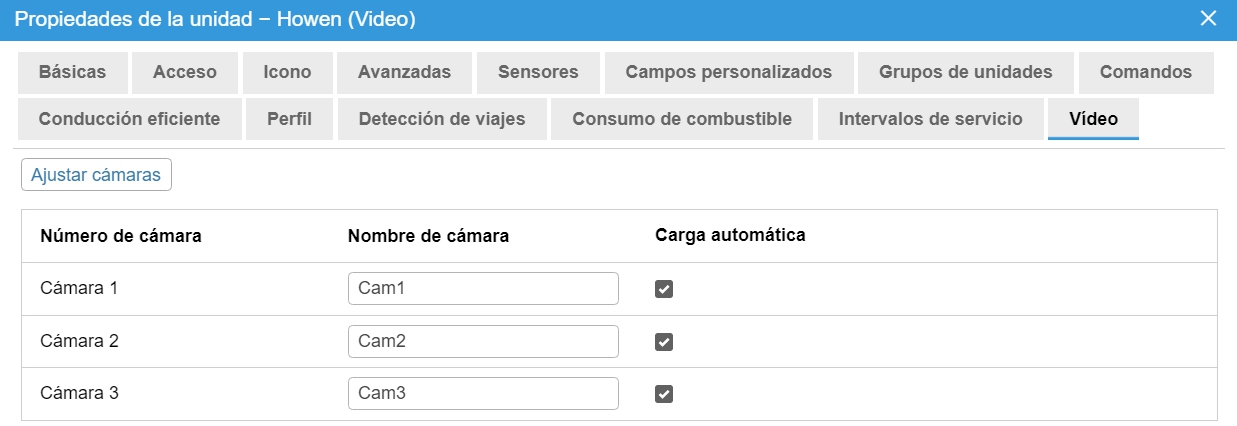 Configuración de la unidad en la pestaña Vídeo