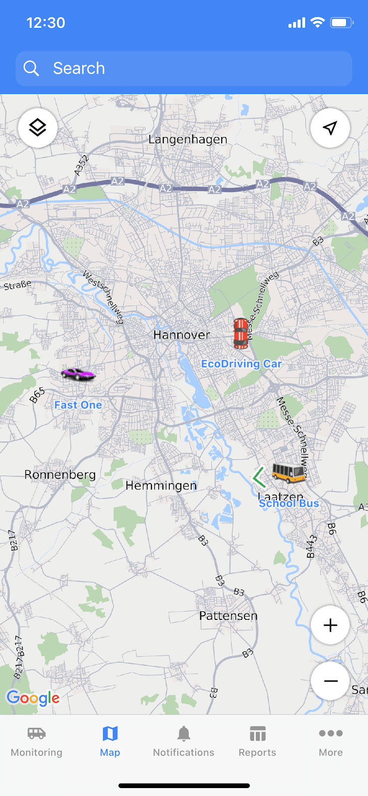 Map selection button on the map in Wialon app