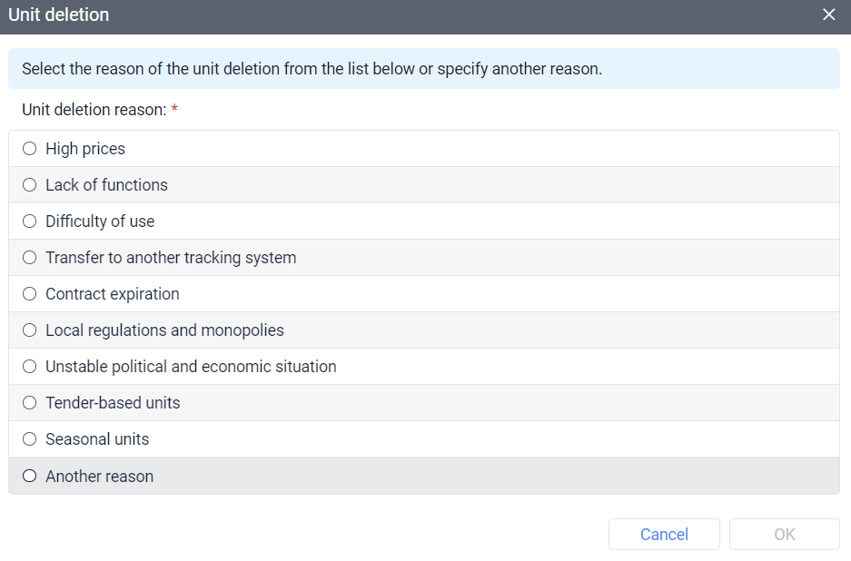 Specifying a reason when deleting a unit