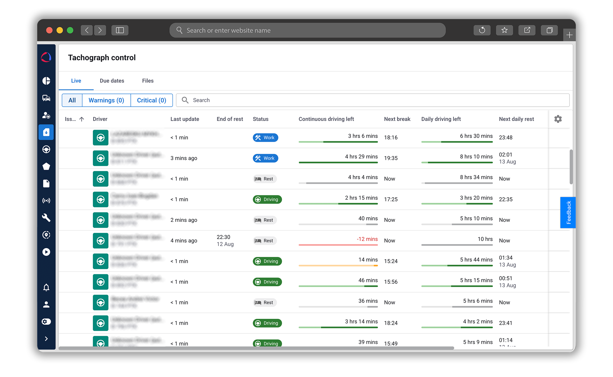 Tachograph control Live tab in Wialon Platform