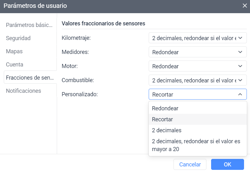 Configuración de los valores fraccionarios de sensores