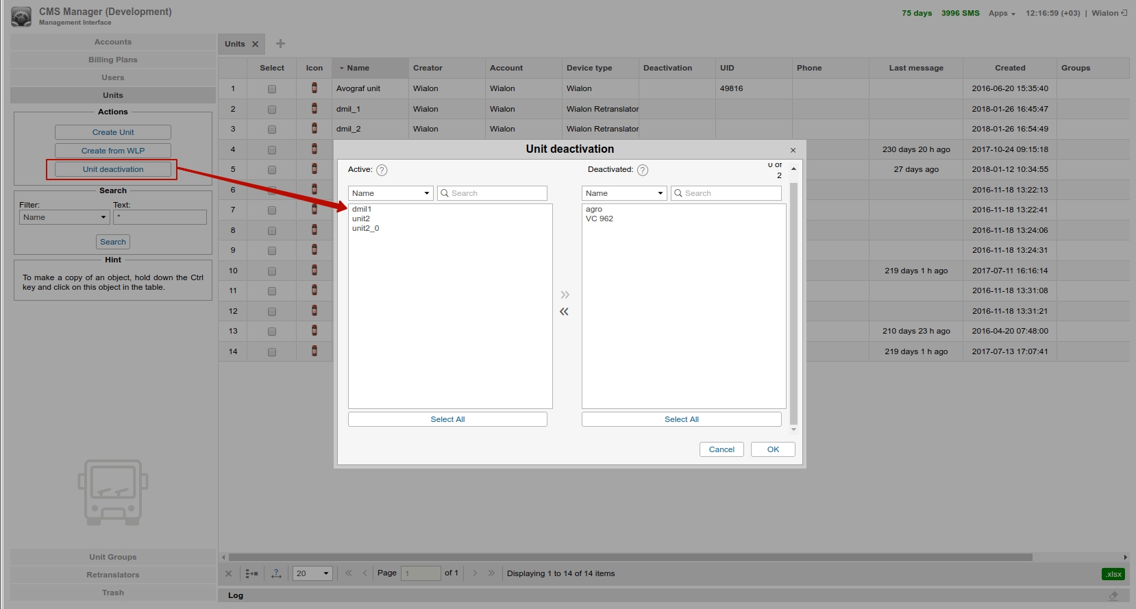 Unités désactivées