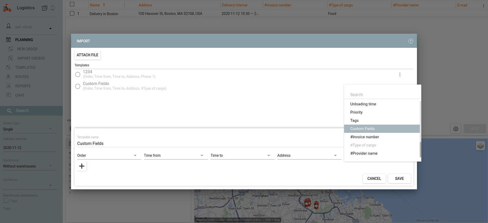 Logistics Champs personnalisés dans l'onglet d'importation des commandes