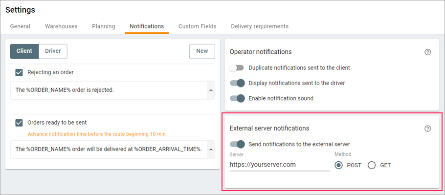 Notifications de serveur externe