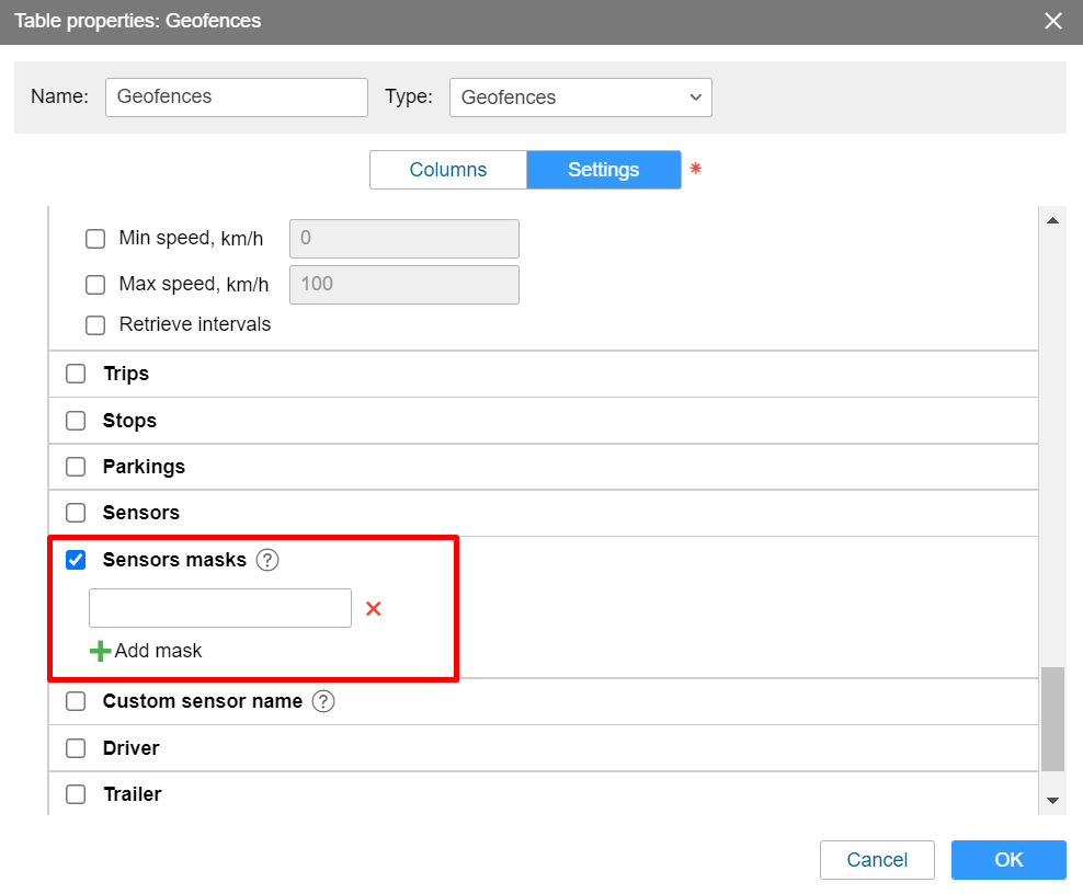 Le nom du capteur dans les paramètres des propriétés de la table