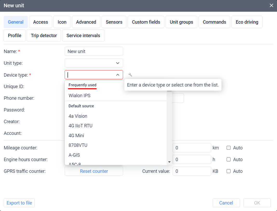 Device names in the drop-down list of the Device type field