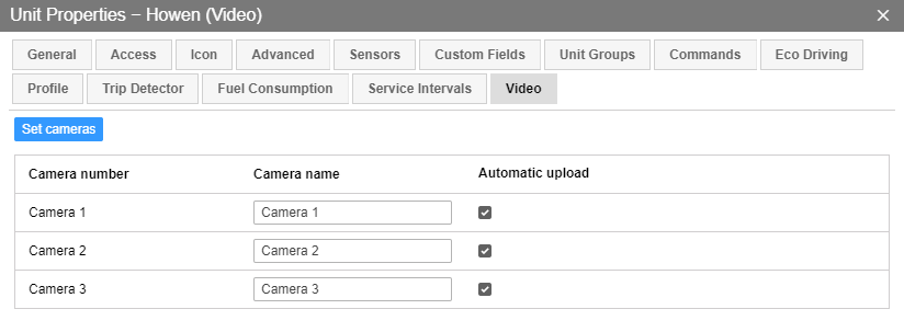 Configuration de l'unité dans l'onglet "Vidéo"