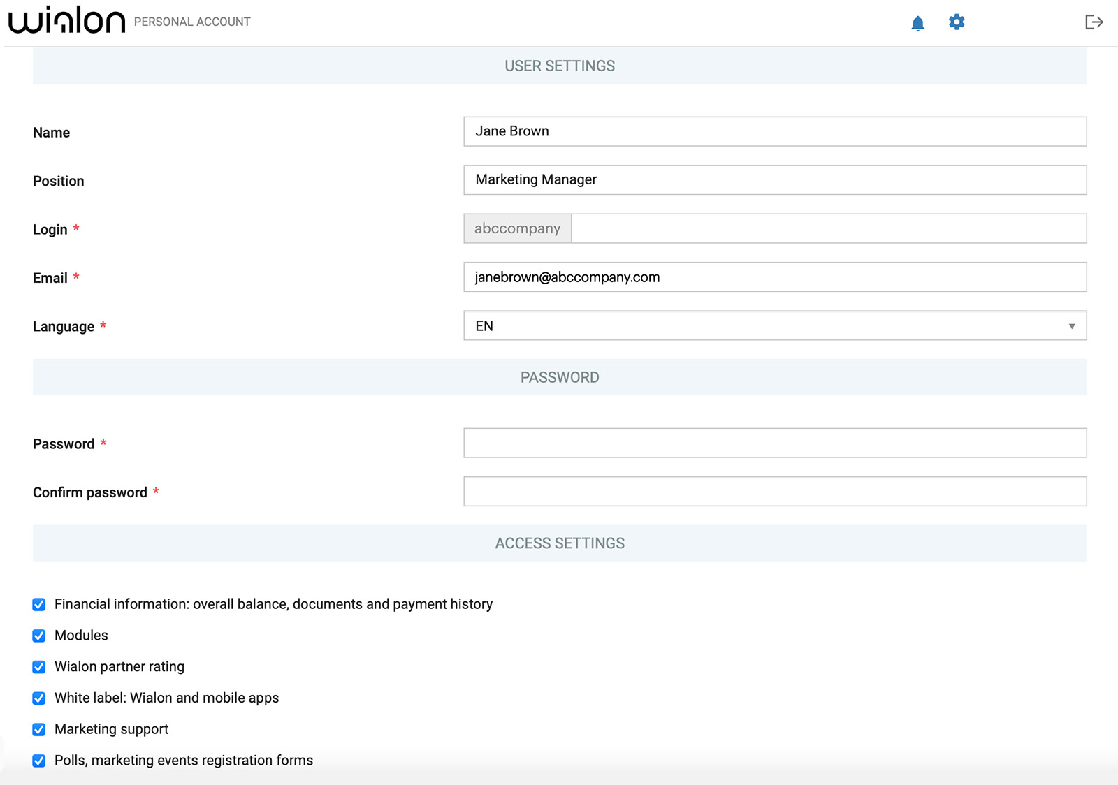 my.wialon.com — Configuration des paramètres d'accès pour un utilisateur
