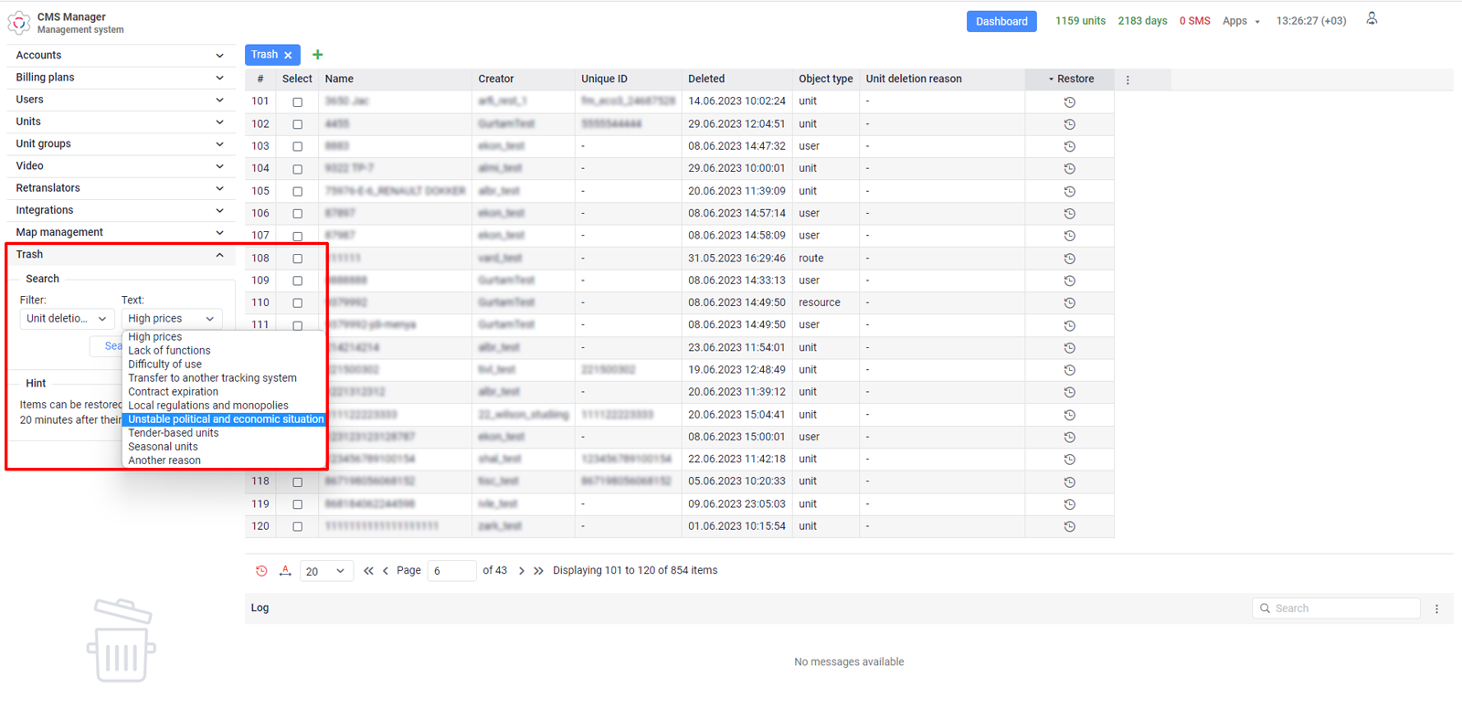 Search by unit deletion reason in the Trash