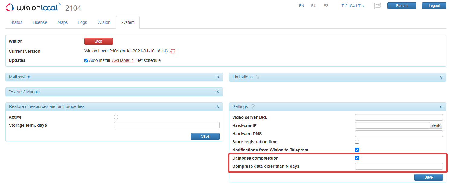 Configuration de la période de compression de la base de données