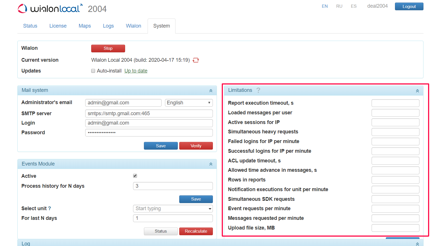 The Limitations section on the System tab in Wialon Local
