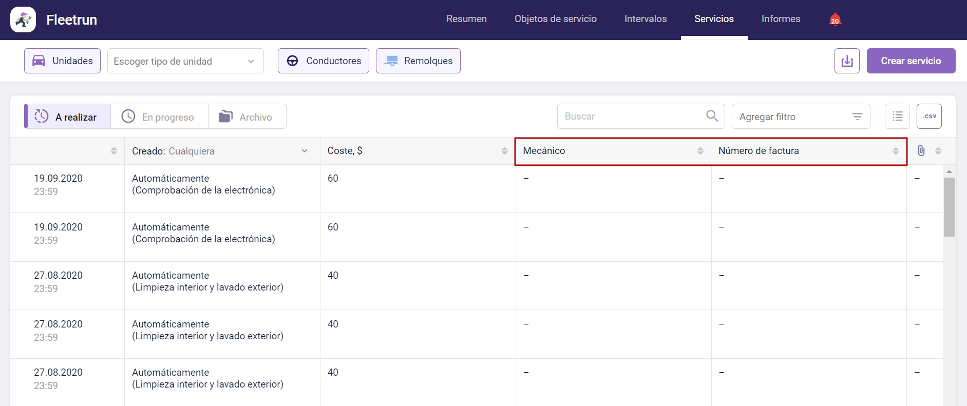 Campos personalizados en Fleetrun