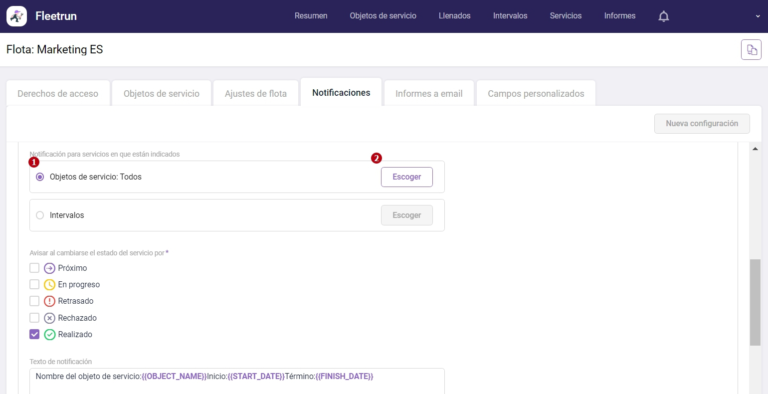 Selección de objetos e intervalos para notificaciones