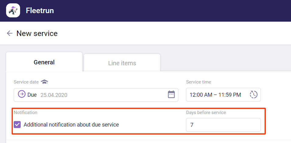 Creation of an additional notification for an upcoming service in Fleetrun