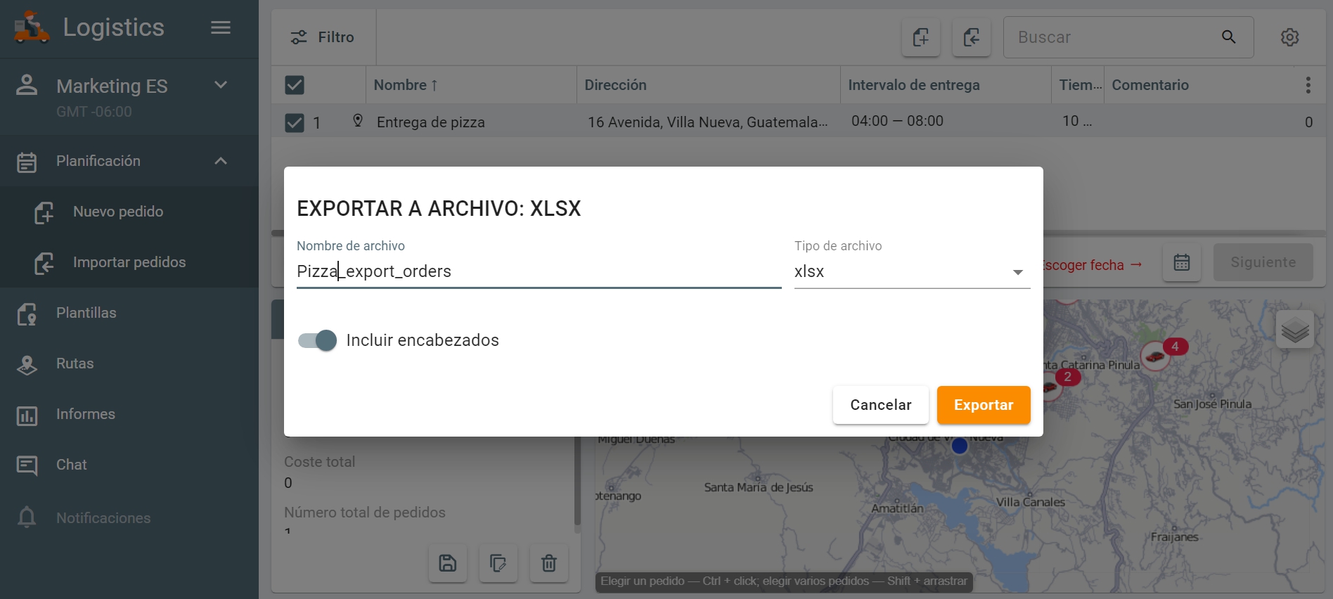 Exportación de pedidos