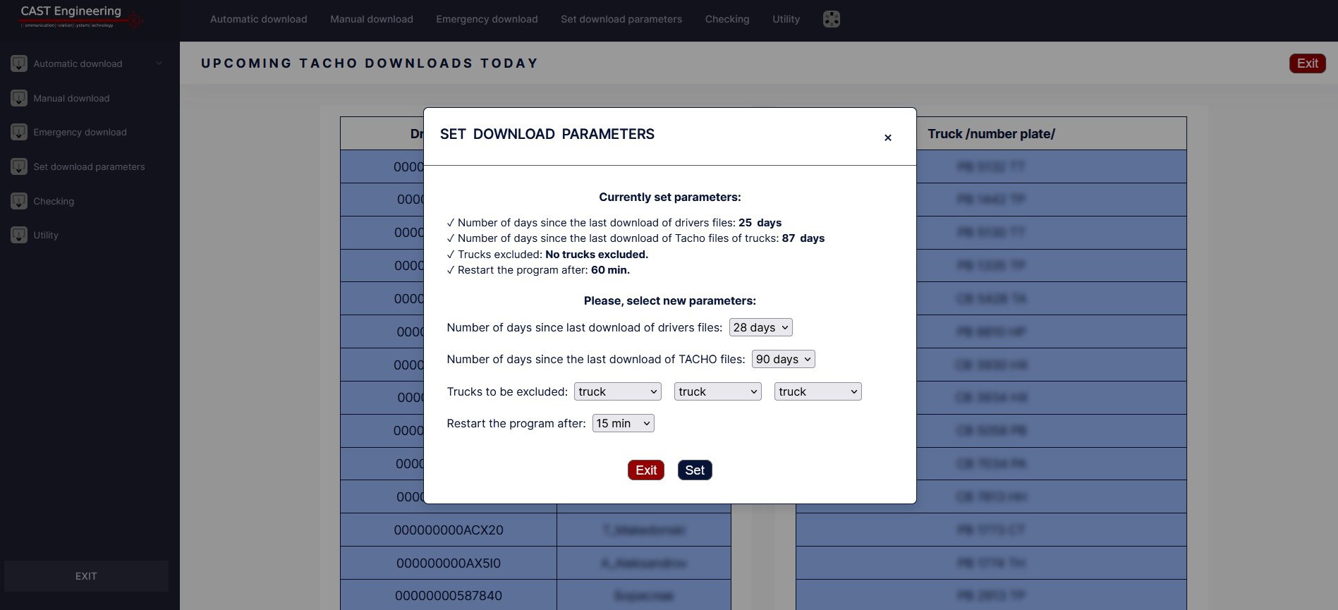 Setting parameters for downloading tacho data