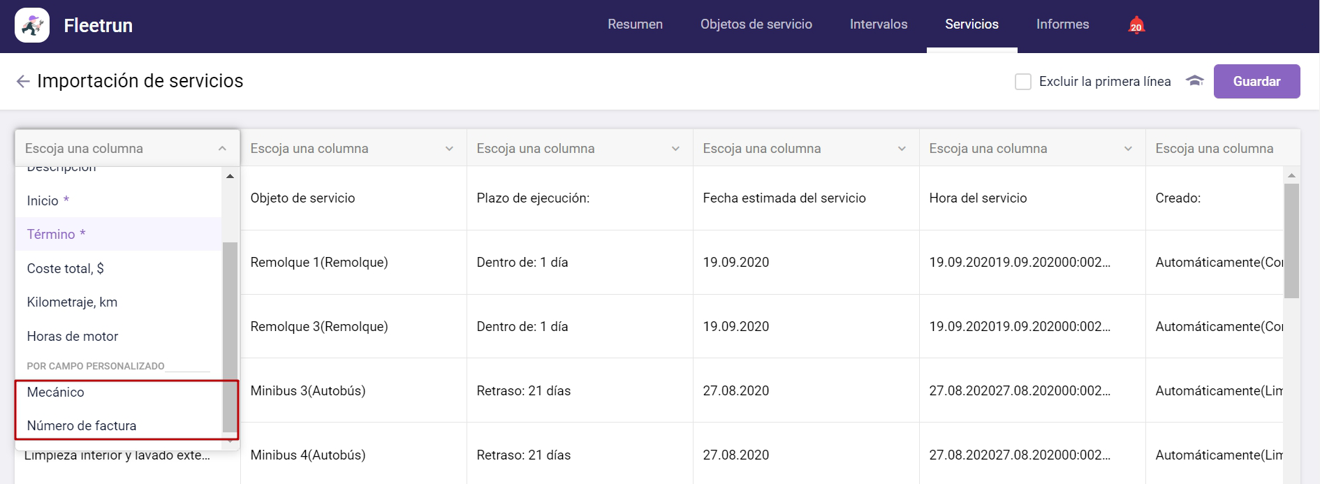 Campos personalizados en importación de servicios en Fleetrun