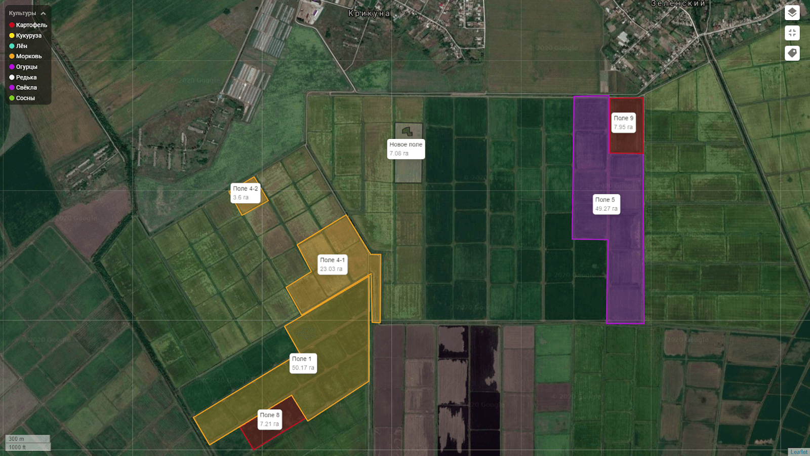 Отображение площади полей на карте