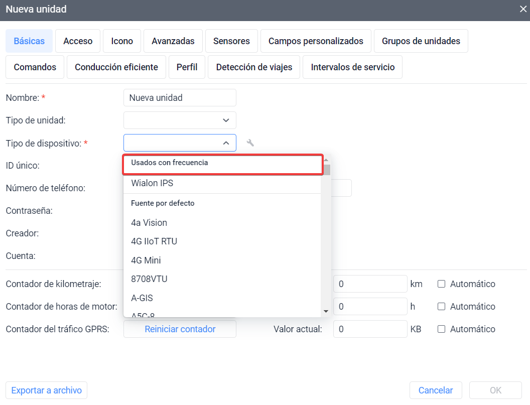 Dispositivos usados con frecuencia en la lista desplegable