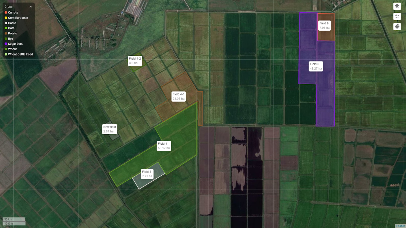 Display the area of fields on the map