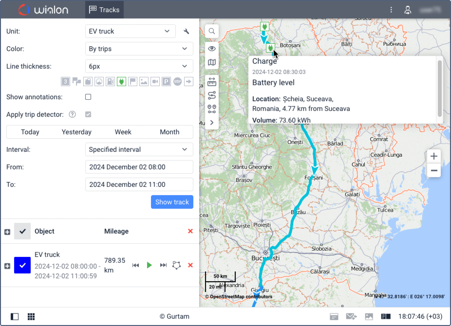 Visualizing charging locations on vehicle tracks